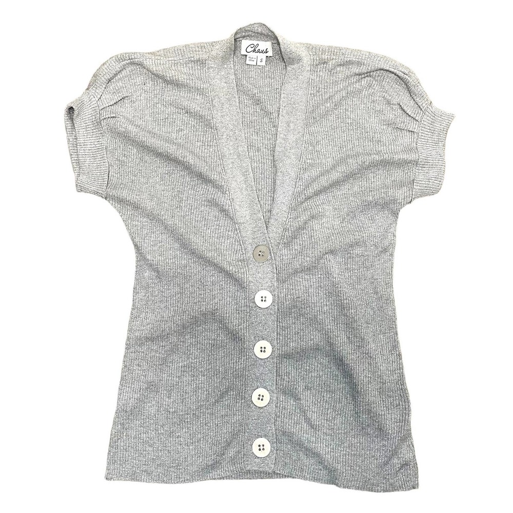 Chaus Silver Metallic Blouse Women's size S Silk Blend Short Sleeve Button Up